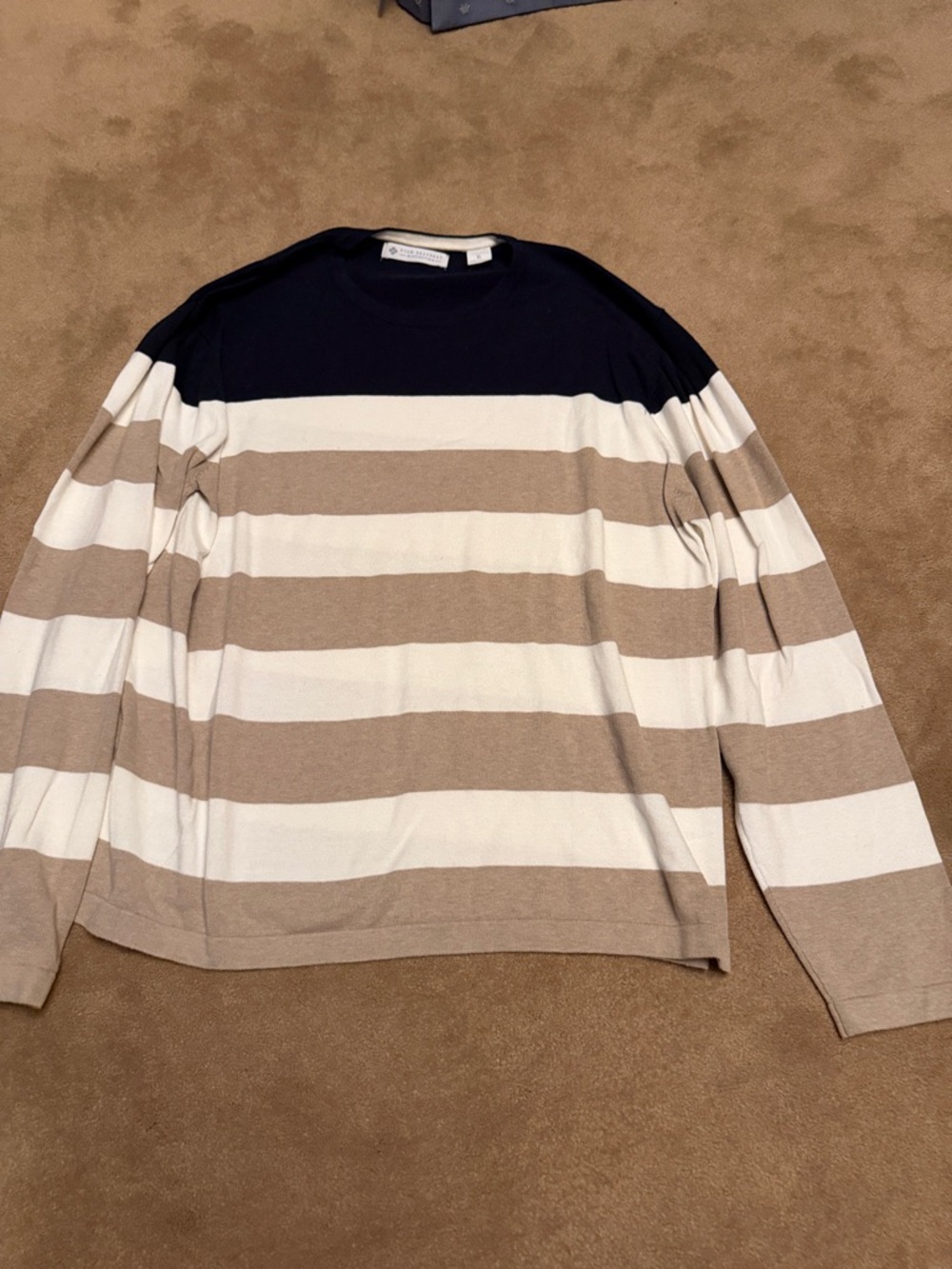 Ryan Seacrest Distinction Navy, Cream & Tan Striped Crewneck Sweater